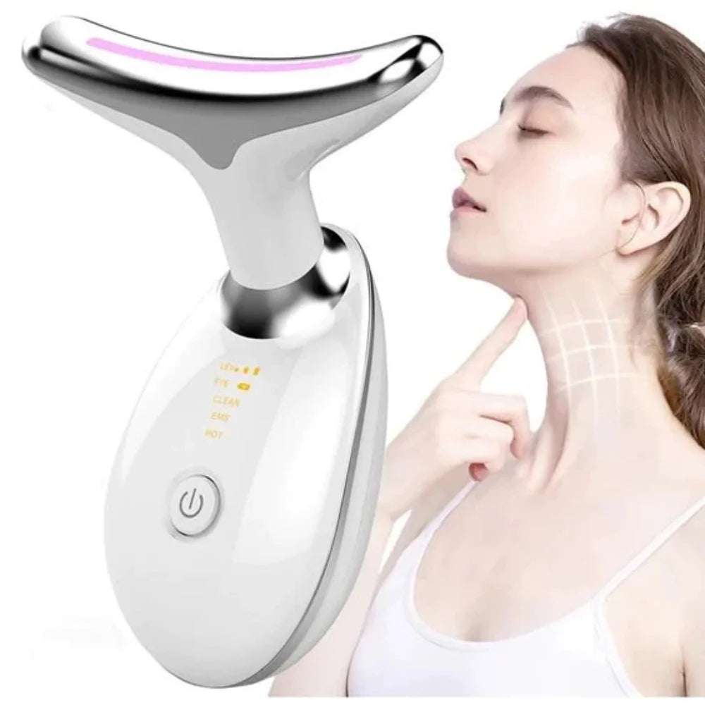 7 Color LED Neck Tightening Facial Device,Red Light Therapy for Face,Neck Lifting Device Face Massager for Face Lift, Facial Massager, anti Aging, 3 in 1 Portable Skin Care Tools, White